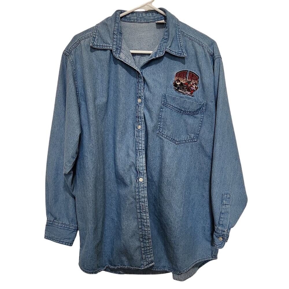 Vintage Embroidered Tasmanian Rebel Devil Taz Looney Tunes Denim Shirt Large